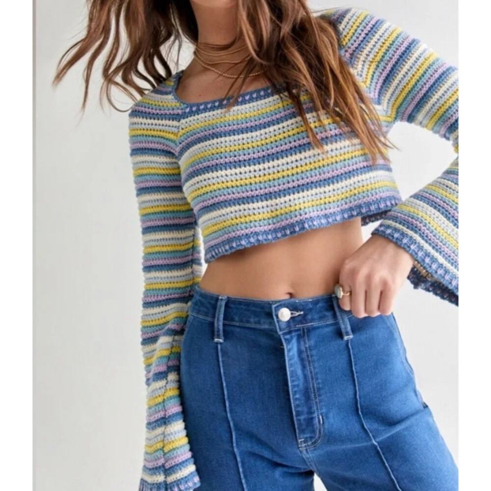 Altar’d State Crochet Striped Cropped Sweater Blue Purple Yellow Size S